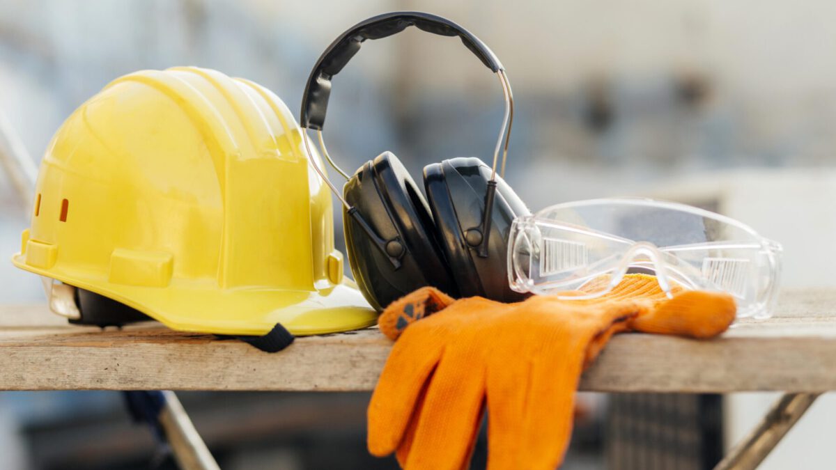 Front View Protective Glasses With Hard Hat Headphones