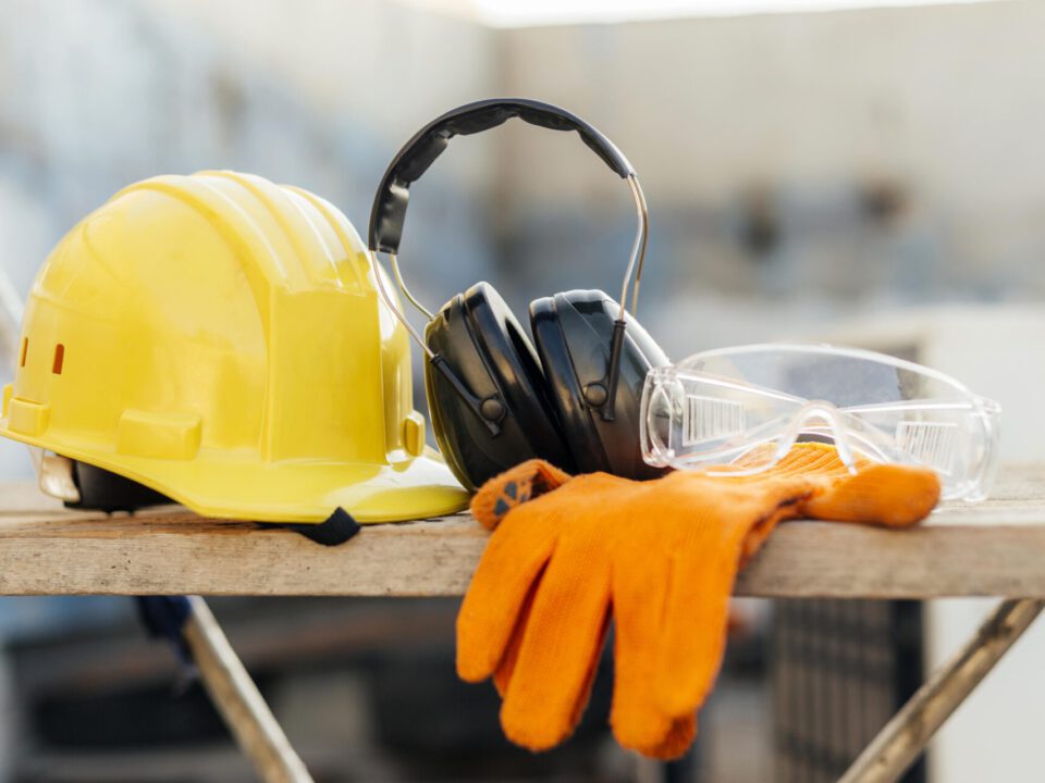 Front View Protective Glasses With Hard Hat Headphones