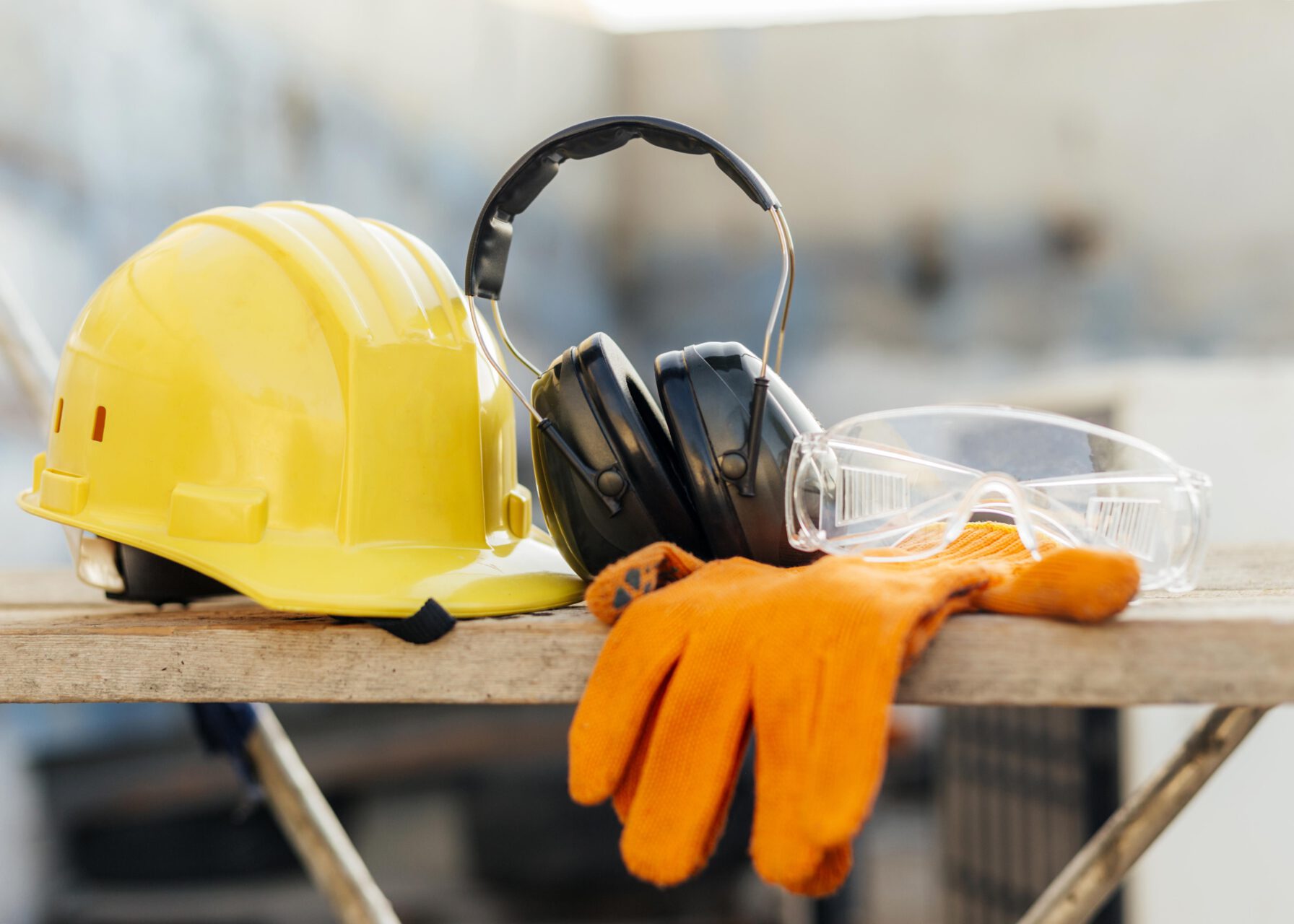 Front View Protective Glasses With Hard Hat Headphones