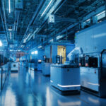 Wide Shot Inside Advanced Semiconductor Production Fab Cleanroom. Automated Robots Are Transporting Wafers Between Machines.